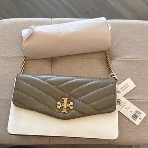 TORY BURCH KIRA CHEVRON  Tory Burch Olive Quilted Clutch with Gold Chain